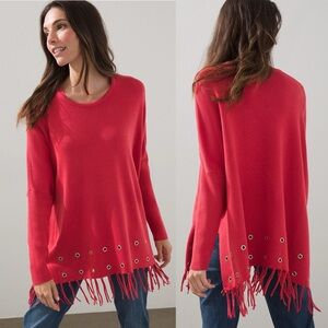 Chico’s S/M Red Embellished Sweater Poncho Grommet Fringe Hem